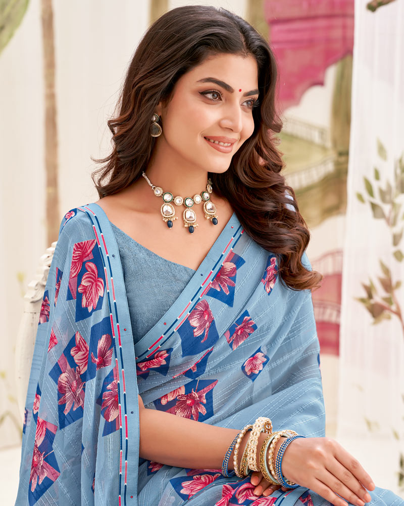 Vishal Prints Pastel Blue Printed Patterned Georgette Saree With Fancy Border