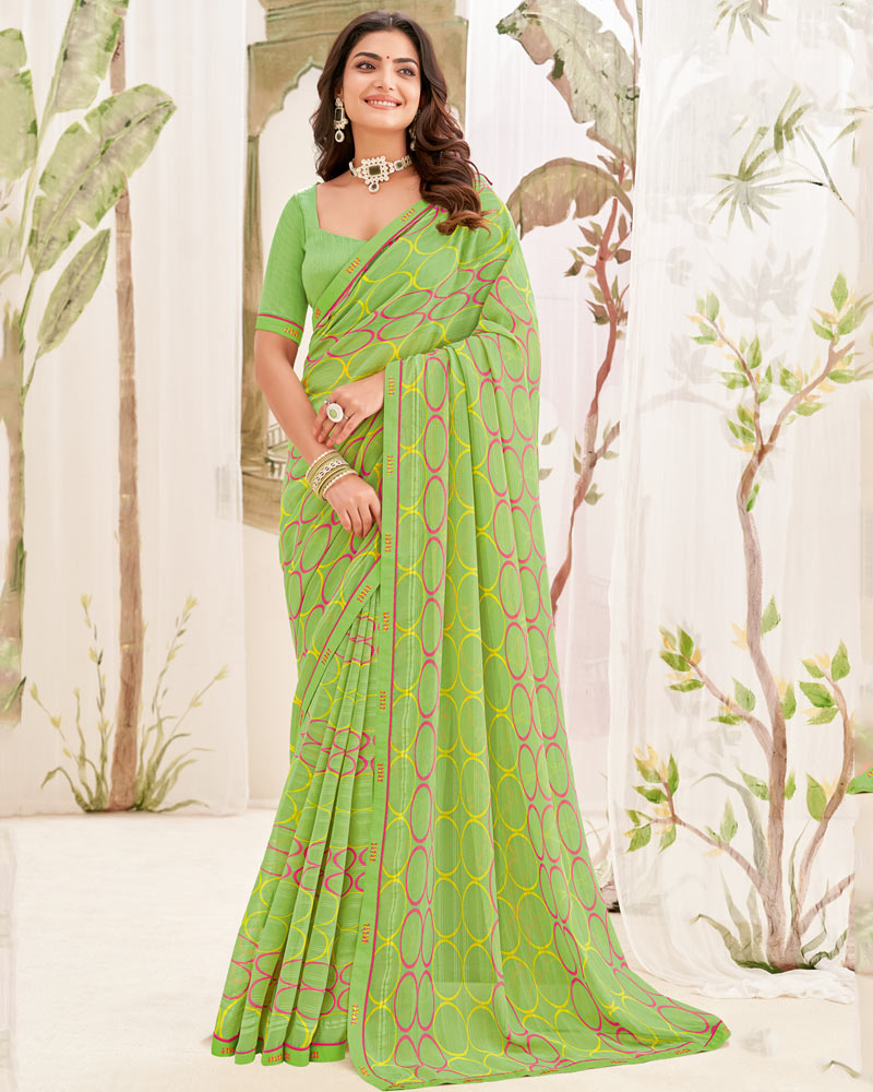 Vishal Prints Pastel Olive Green Printed Patterned Georgette Saree With Fancy Border