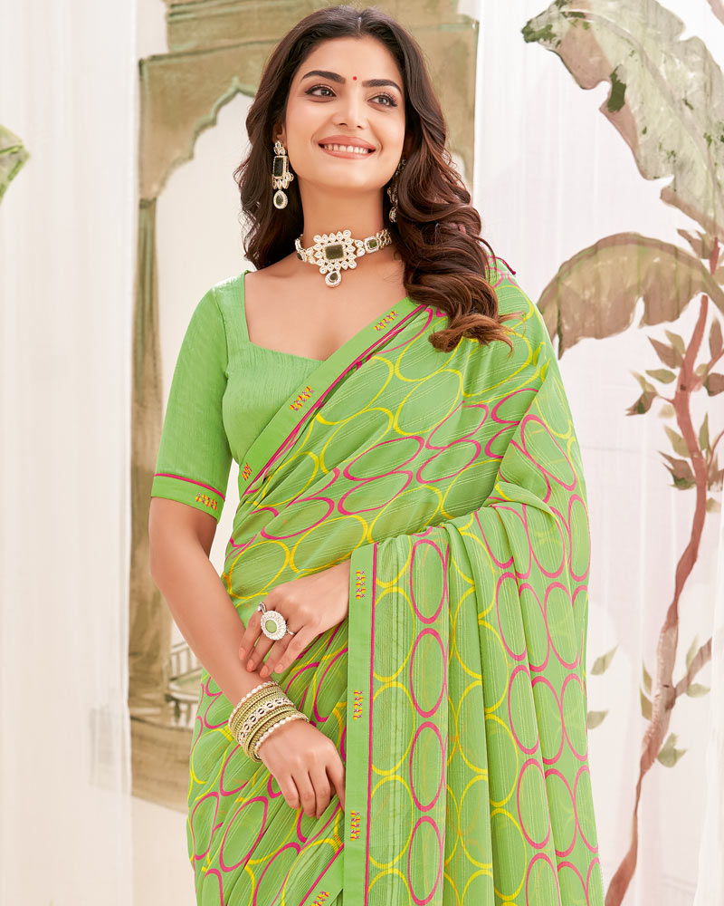 Vishal Prints Pastel Olive Green Printed Patterned Georgette Saree With Fancy Border