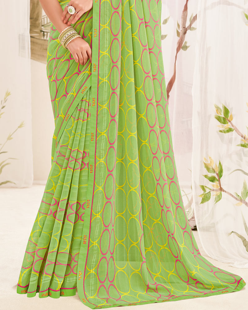 Vishal Prints Pastel Olive Green Printed Patterned Georgette Saree With Fancy Border