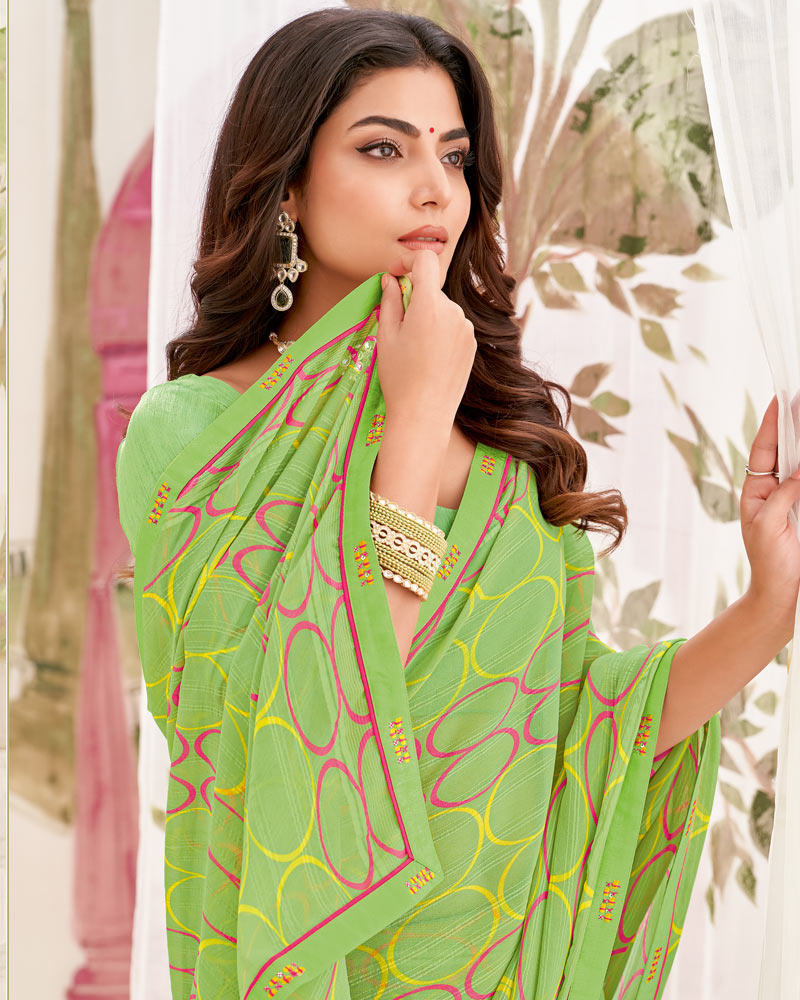 Vishal Prints Pastel Olive Green Printed Patterned Georgette Saree With Fancy Border