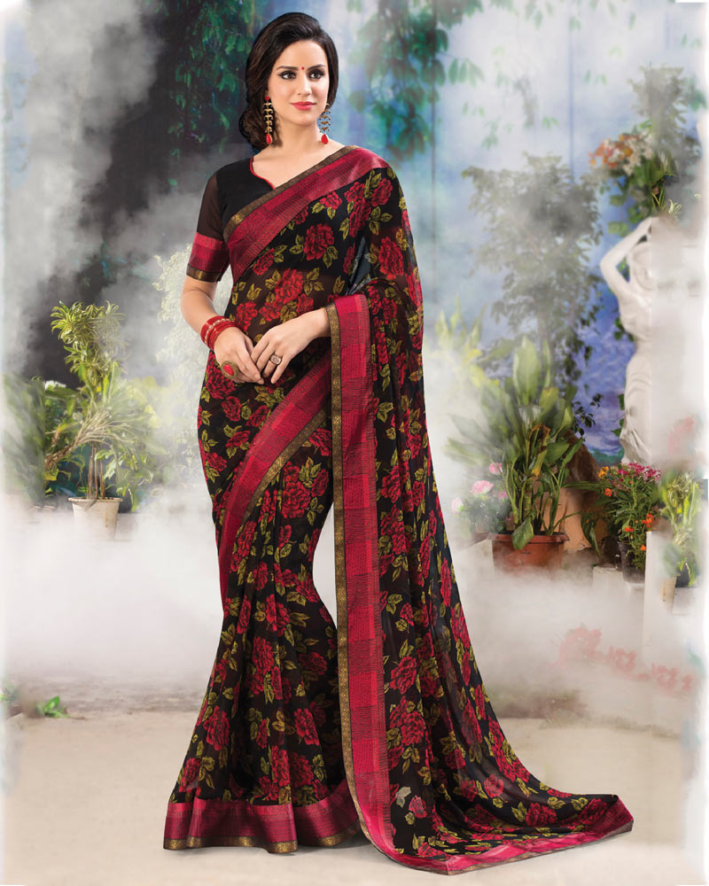 Vishal Prints Charcoal Black Printed Georgette Saree With Fancy Border