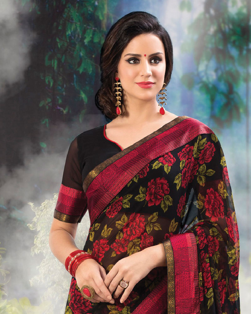 Vishal Prints Charcoal Black Printed Georgette Saree With Fancy Border