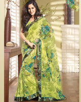Vishal Prints Khaki Green Printed Georgette Saree With Fancy Border
