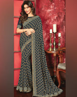 Vishal Prints Dark Navy Blue Printed Georgette Saree With Fancy Border