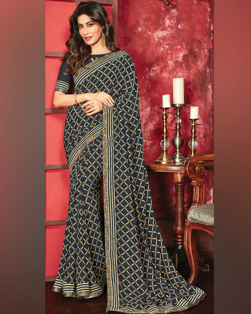 Vishal Prints Dark Navy Blue Printed Georgette Saree With Fancy Border