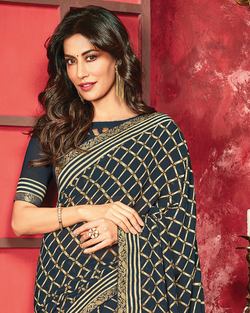 Vishal Prints Dark Navy Blue Printed Georgette Saree With Fancy Border