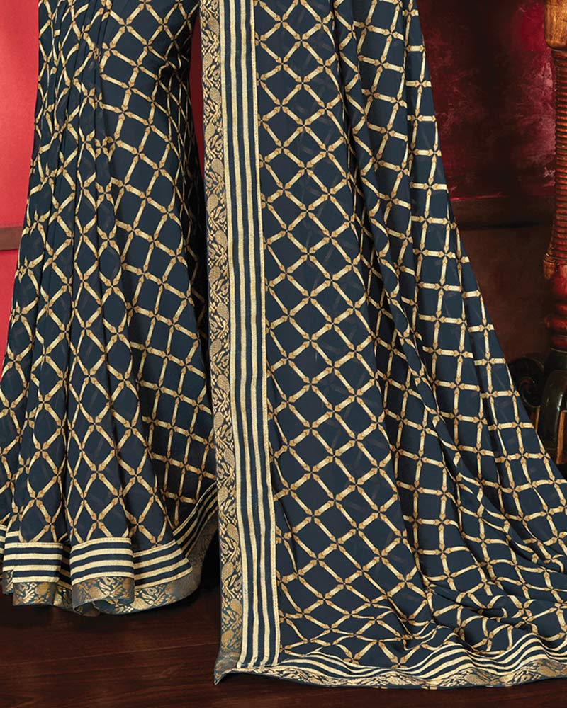 Vishal Prints Dark Navy Blue Printed Georgette Saree With Fancy Border