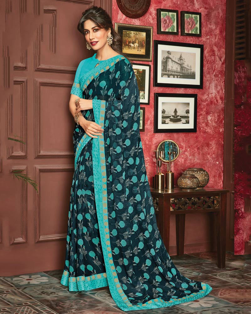 Vishal Prints Dark Blue Grey Printed Georgette Saree With Fancy Border