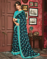 Vishal Prints Dark Blue Grey Printed Georgette Saree With Fancy Border