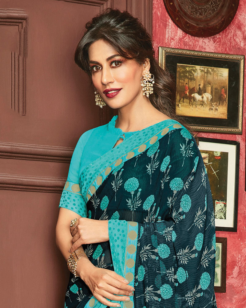 Vishal Prints Dark Blue Grey Printed Georgette Saree With Fancy Border