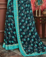 Vishal Prints Dark Blue Grey Printed Georgette Saree With Fancy Border