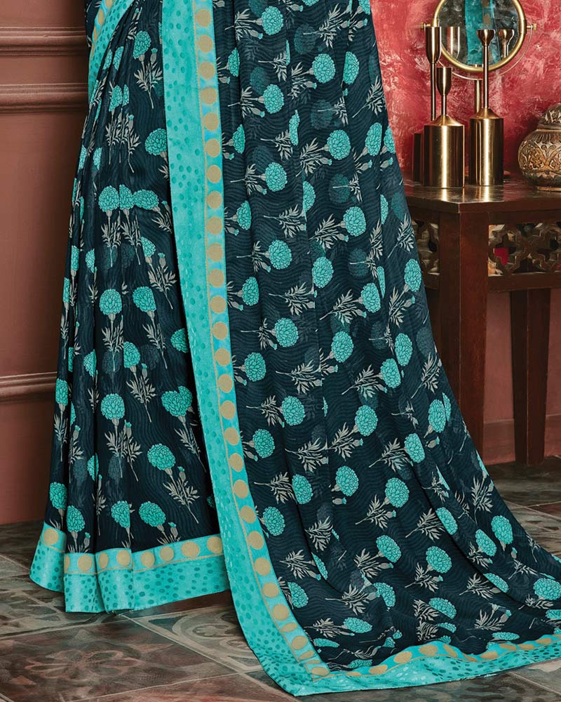 Vishal Prints Dark Blue Grey Printed Georgette Saree With Fancy Border