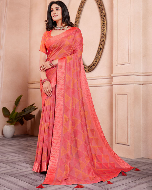 Vishal Prints Pastel Red Designer Silk Brasso Saree With Diamond Work And Core Piping