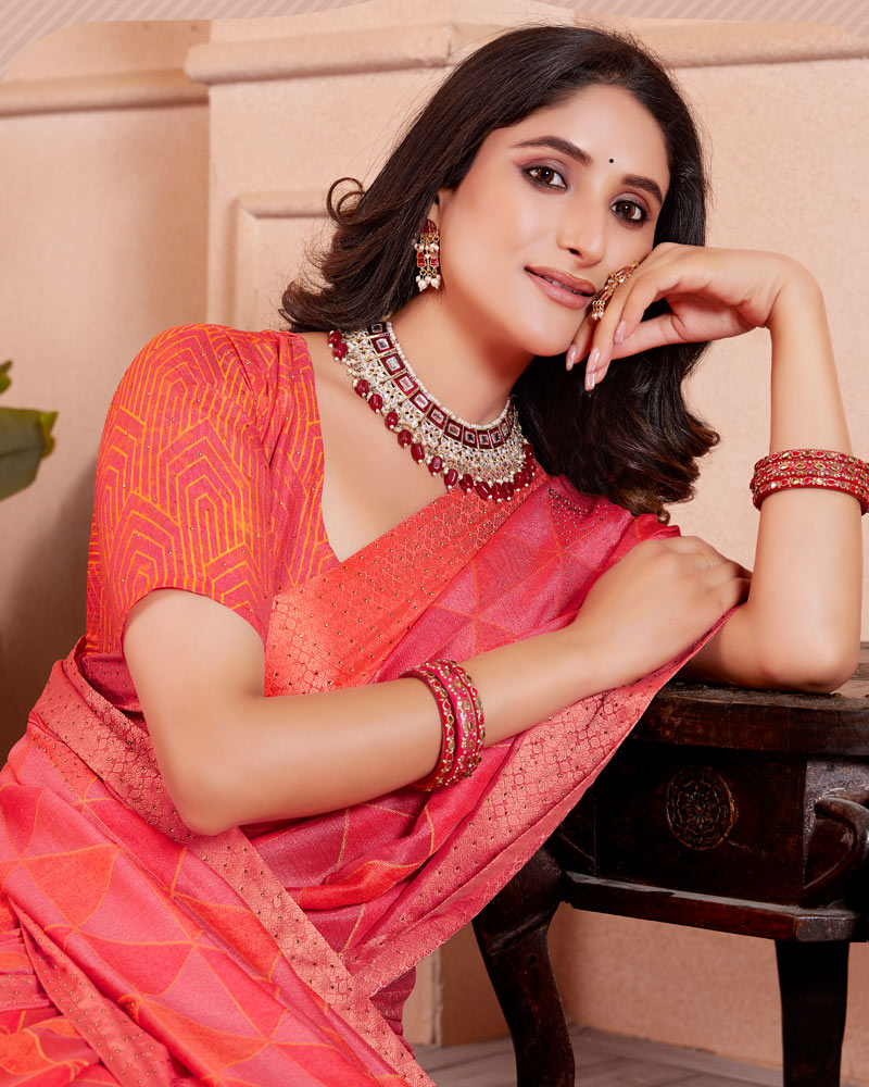 Vishal Prints Pastel Red Designer Silk Brasso Saree With Diamond Work And Core Piping