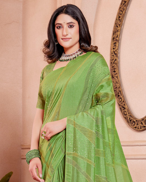 Vishal Prints Olive Green Designer Silk Brasso Saree With Diamond Work And Core Piping
