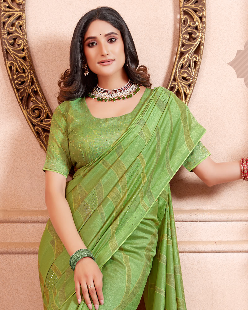 Vishal Prints Olive Green Designer Silk Brasso Saree With Diamond Work And Core Piping