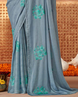 Vishal Prints Bluish Grey Designer Fancy Chiffon Saree With Embroidery And Diamond Work