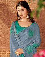 Vishal Prints Bluish Grey Designer Fancy Chiffon Saree With Embroidery And Diamond Work