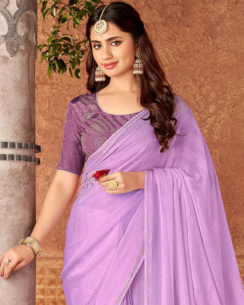 Vishal Prints Lavender Designer Fancy Chiffon Saree With Embroidery And Diamond Work