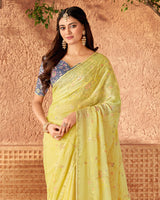 Vishal Prints Light Yellow Designer Fancy Chiffon Saree With Embroidery And Diamond Work