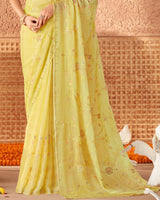 Vishal Prints Light Yellow Designer Fancy Chiffon Saree With Embroidery And Diamond Work