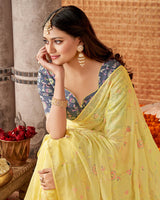 Vishal Prints Light Yellow Designer Fancy Chiffon Saree With Embroidery And Diamond Work