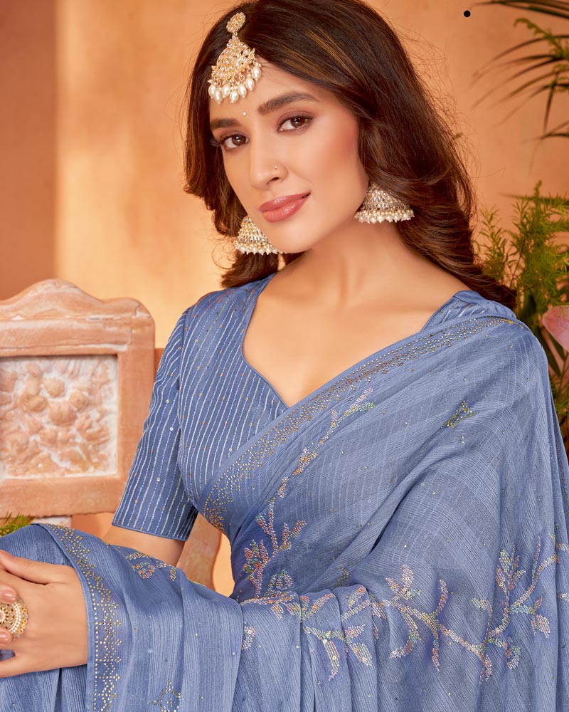 Vishal Prints Dusky Blue Designer Fancy Chiffon Saree With Embroidery And Diamond Work