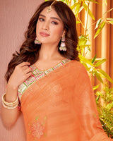 Vishal Prints Pastel Orange Designer Fancy Chiffon Saree With Embroidery And Diamond Work