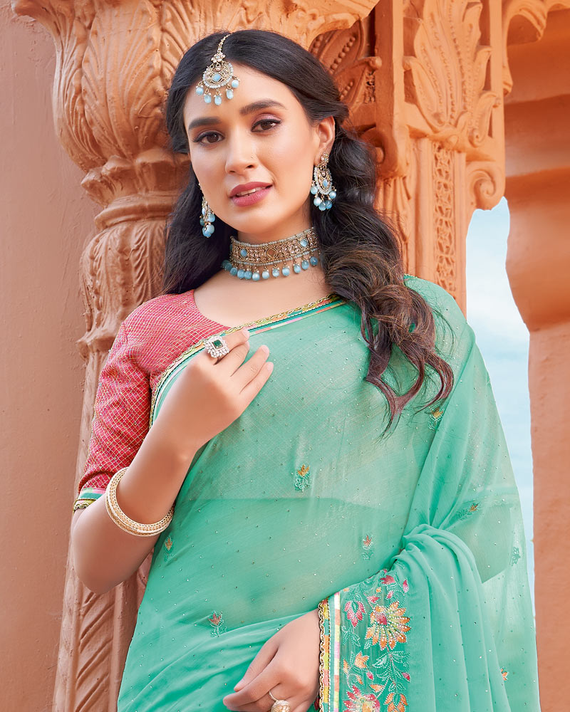 Vishal Prints Neptune Blue Designer Fancy Chiffon Saree With Embroidery And Diamond Work