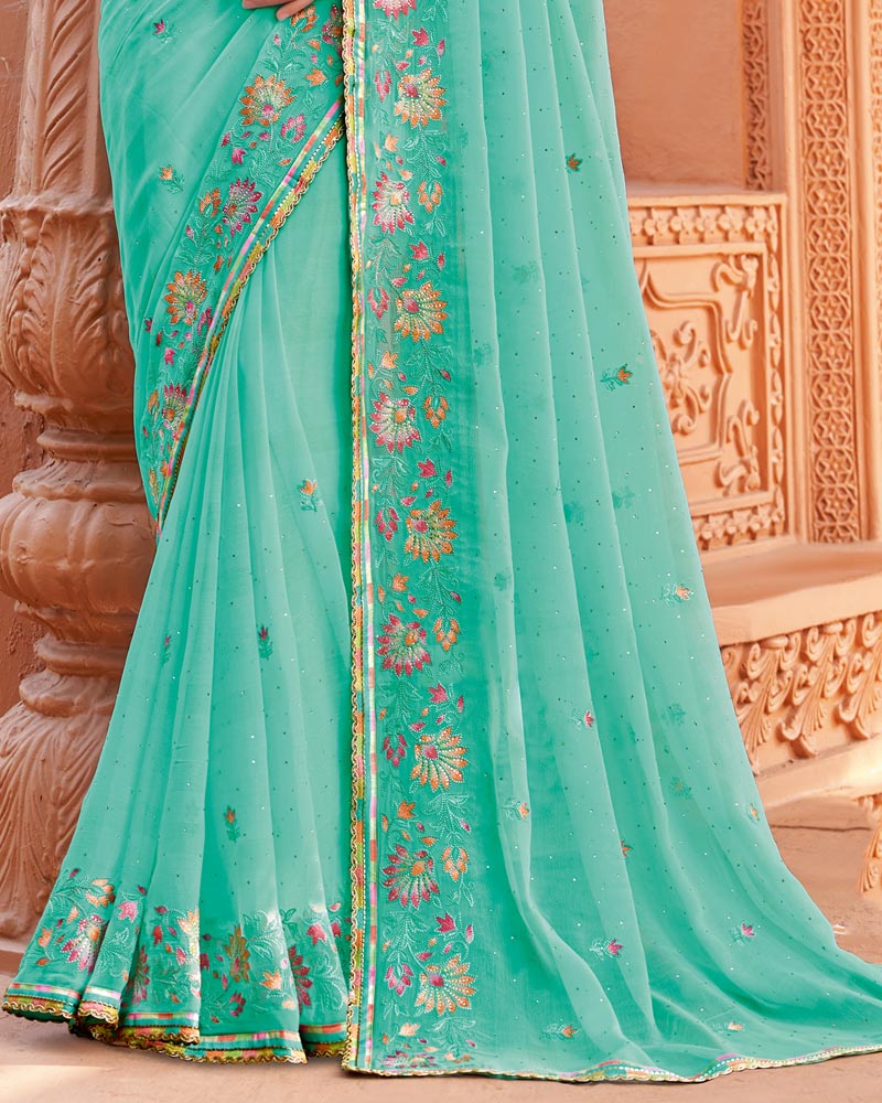 Vishal Prints Neptune Blue Designer Fancy Chiffon Saree With Embroidery And Diamond Work