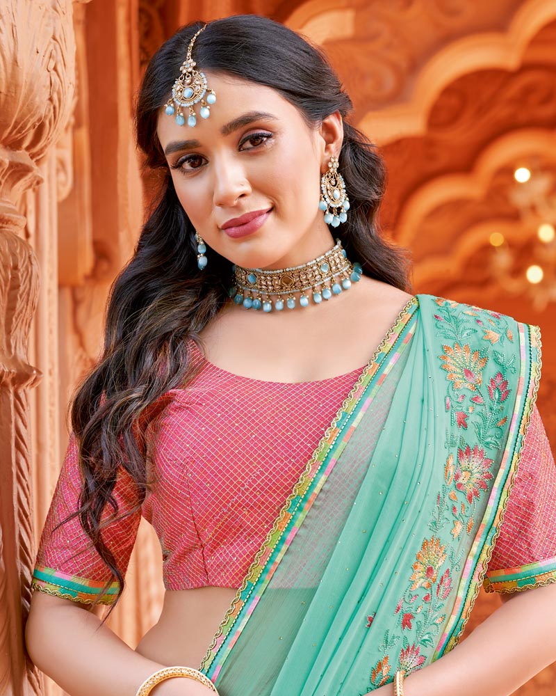 Vishal Prints Neptune Blue Designer Fancy Chiffon Saree With Embroidery And Diamond Work