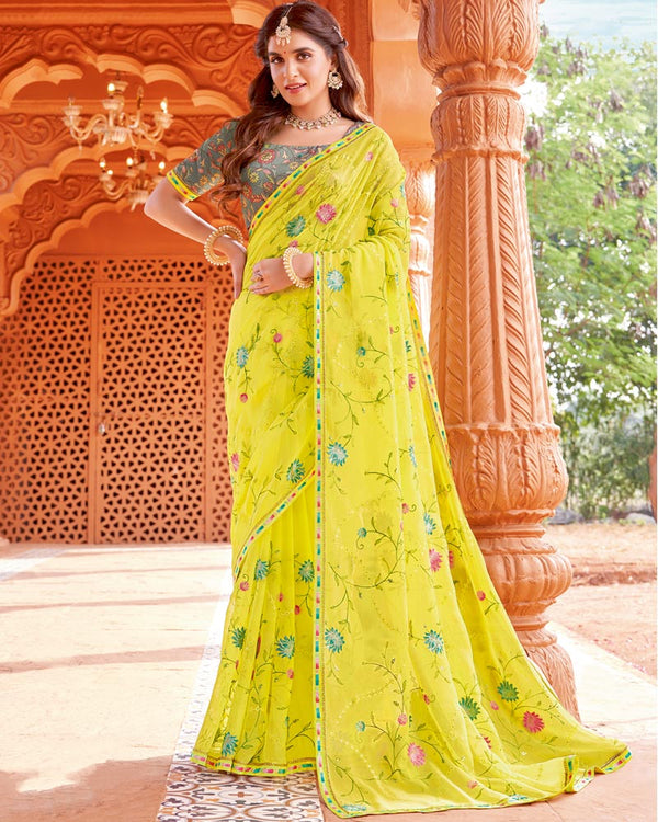 Vishal Prints Bright Yellow Designer Fancy Chiffon Saree With Embroidery And Diamond Work