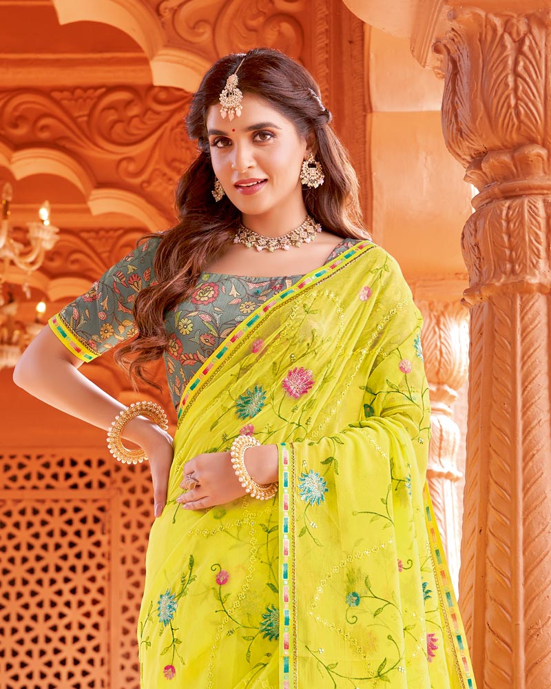 Vishal Prints Bright Yellow Designer Fancy Chiffon Saree With Embroidery And Diamond Work