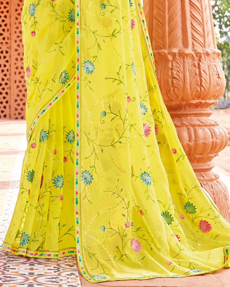 Vishal Prints Bright Yellow Designer Fancy Chiffon Saree With Embroidery And Diamond Work