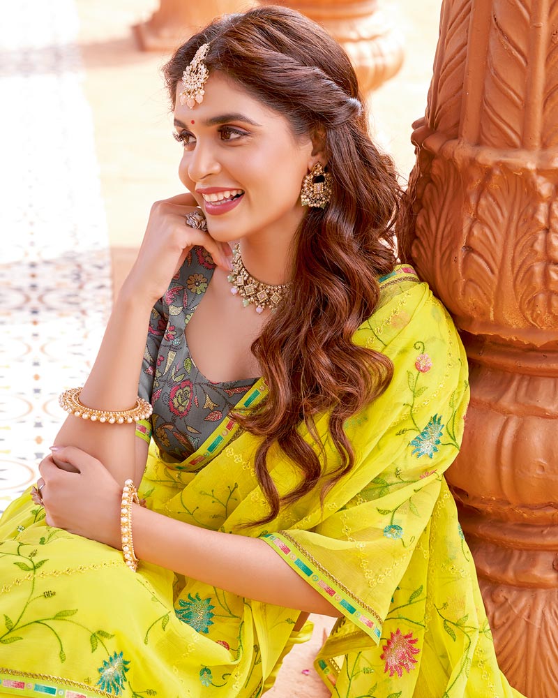 Vishal Prints Bright Yellow Designer Fancy Chiffon Saree With Embroidery And Diamond Work