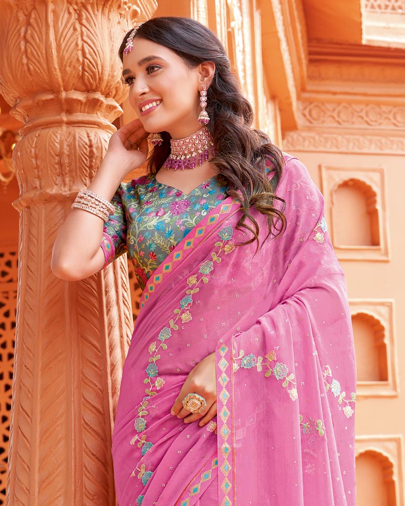 Vishal Prints Blush Pink Designer Fancy Chiffon Saree With Embroidery And Diamond Work