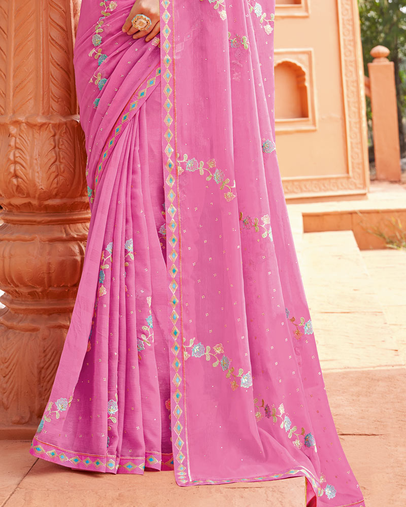 Vishal Prints Blush Pink Designer Fancy Chiffon Saree With Embroidery And Diamond Work