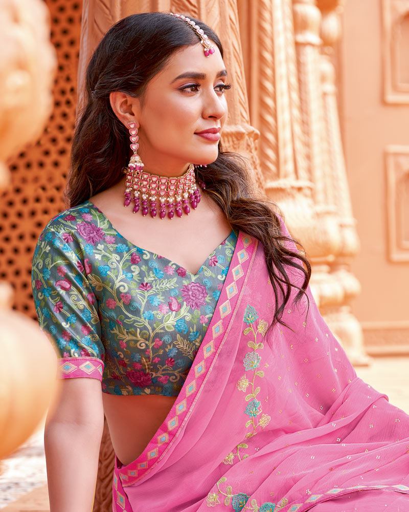 Vishal Prints Blush Pink Designer Fancy Chiffon Saree With Embroidery And Diamond Work