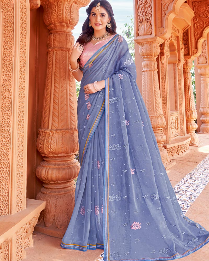 Vishal Prints Pastel Lavender Designer Fancy Chiffon Saree With Embroidery And Diamond Work