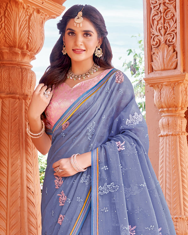 Vishal Prints Pastel Lavender Designer Fancy Chiffon Saree With Embroidery And Diamond Work