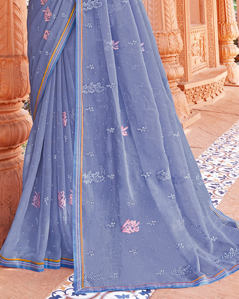 Vishal Prints Pastel Lavender Designer Fancy Chiffon Saree With Embroidery And Diamond Work