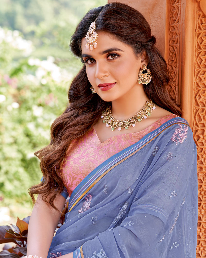 Vishal Prints Pastel Lavender Designer Fancy Chiffon Saree With Embroidery And Diamond Work