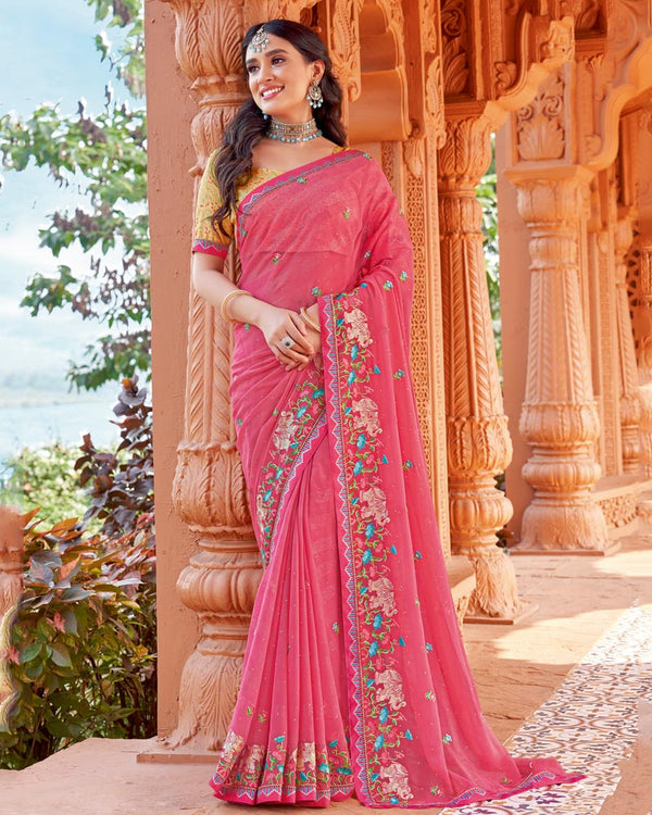 Vishal Prints Mandy Pink Designer Fancy Chiffon Saree With Embroidery And Diamond Work