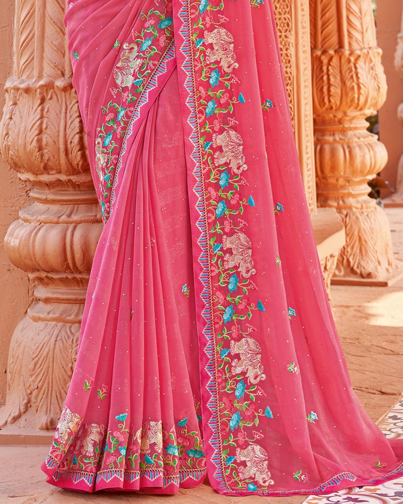 Vishal Prints Mandy Pink Designer Fancy Chiffon Saree With Embroidery And Diamond Work