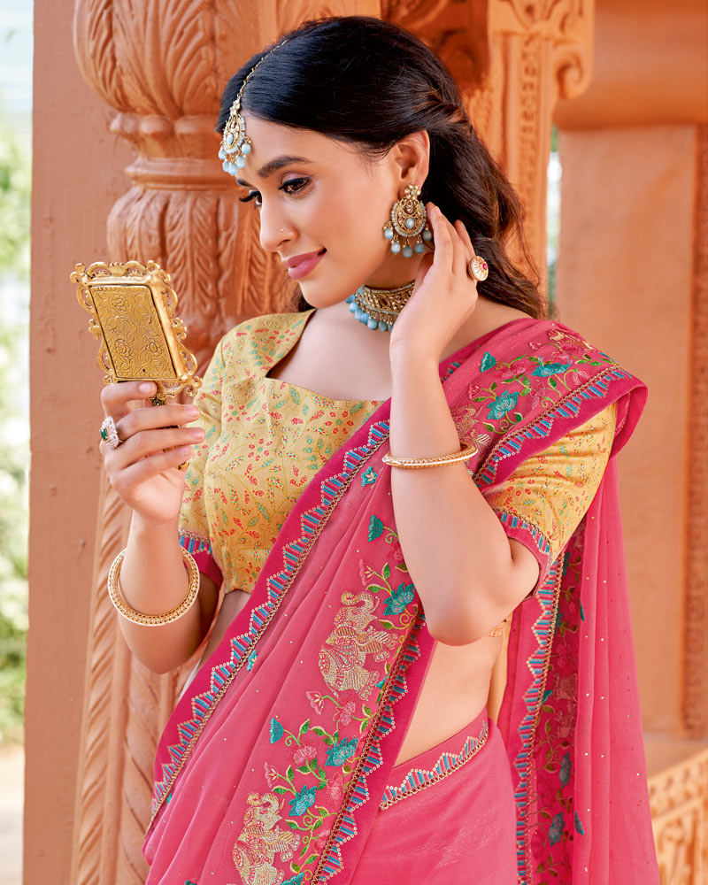 Vishal Prints Mandy Pink Designer Fancy Chiffon Saree With Embroidery And Diamond Work