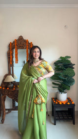 Vishal Prints Olive Green Designer Organza Saree With Diamond Work And Cut Work Embroidery Border (With Matching Potli Bag)