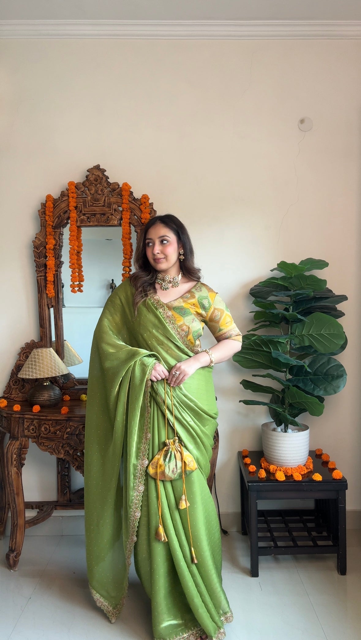 Vishal Prints Olive Green Designer Organza Saree With Diamond Work And Cut Work Embroidery Border (With Matching Potli Bag)
