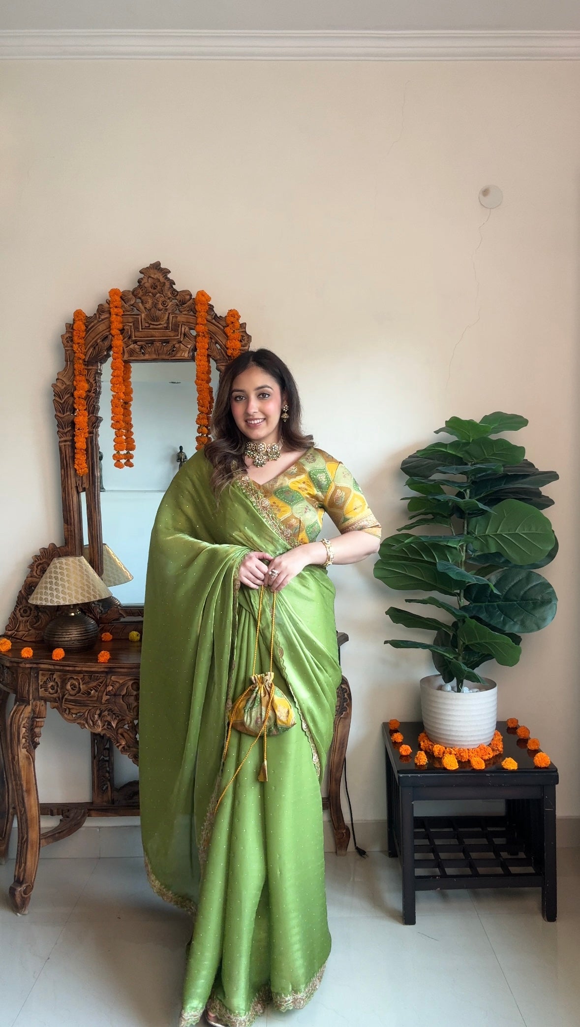 Vishal Prints Olive Green Designer Organza Saree With Diamond Work And Cut Work Embroidery Border (With Matching Potli Bag)