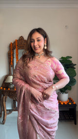 Vishal Prints Oriental Pink Designer Fancy Satin-Chiffon Saree With Embroidery-Diamond Work And Cut Work Border